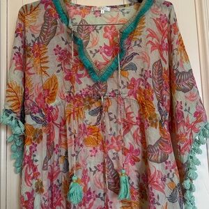 Tropical Floral V-Neck Coverup with Teal Trim